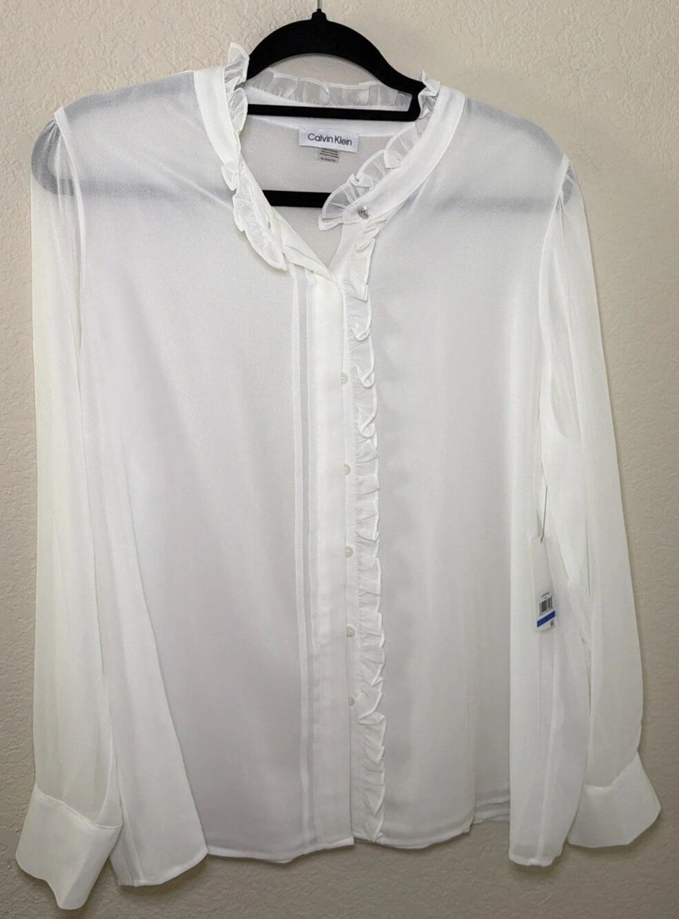 New! Calvin Klein White Ruffle Long Sleeve Blouse size XL
